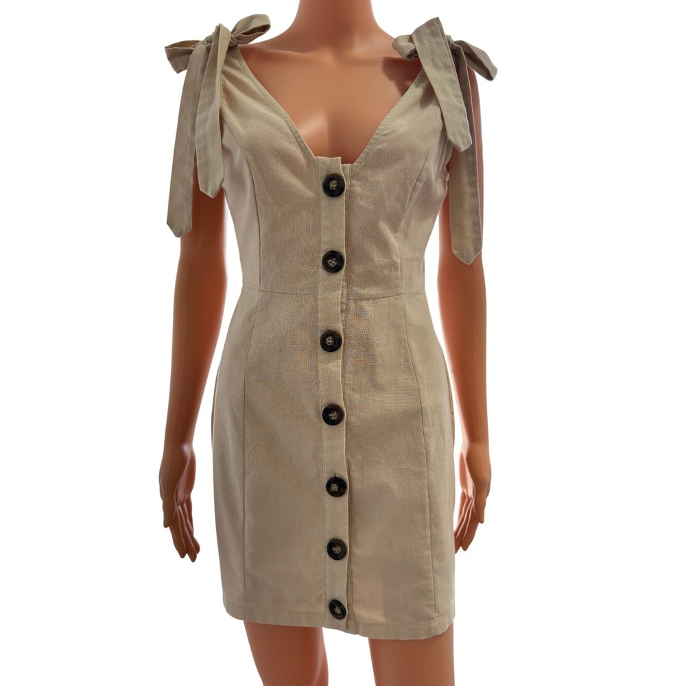 Beige Linen Blend Tie Shoulder Button Front V-Neck Mini Dress